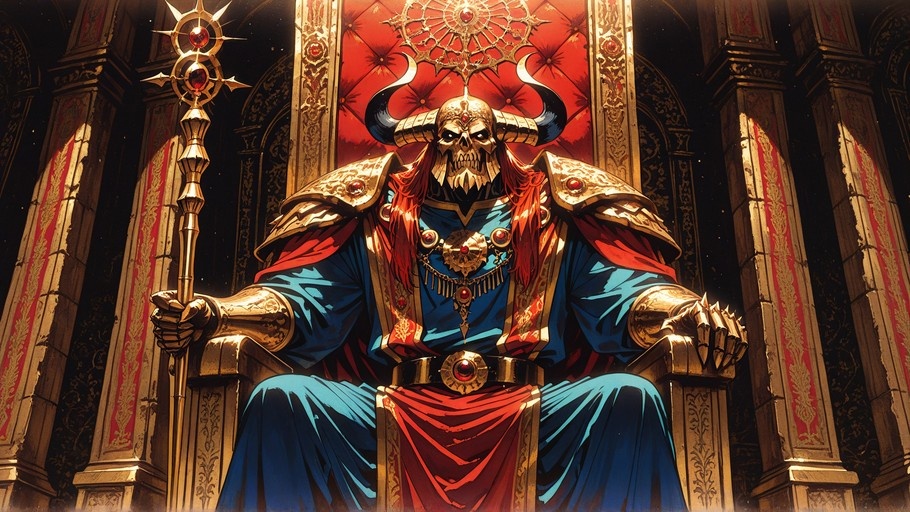 A skeletal figure with large curved horns sits on a grand throne wearing gold armor and blue robes while holding a jeweled staff.