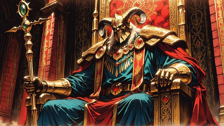 A skeletal figure with large curved horns sits on a throne holding a staff.