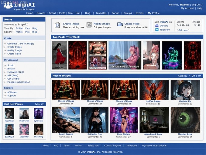 A digital illustration of the ImgntAI homepage styled like a MySpace page from 2004 with a blue header and grid of images.
