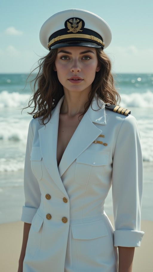 A woman with brown hair wearing a white naval uniform and hat stands on a beach looking at the camera.