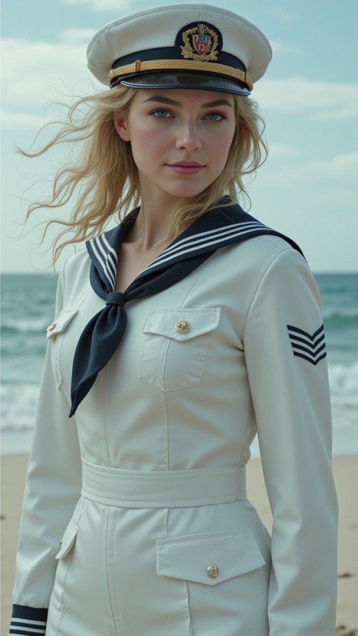 A blonde woman in a white sailor uniform and peaked cap stands on a sandy beach with the ocean in the background.