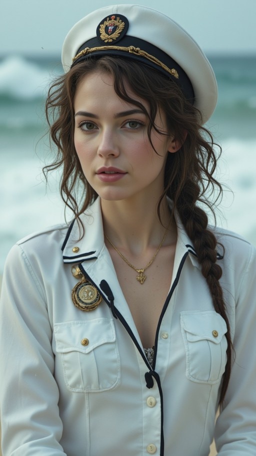 A young woman in a white naval uniform and peaked cap stands by the ocean.