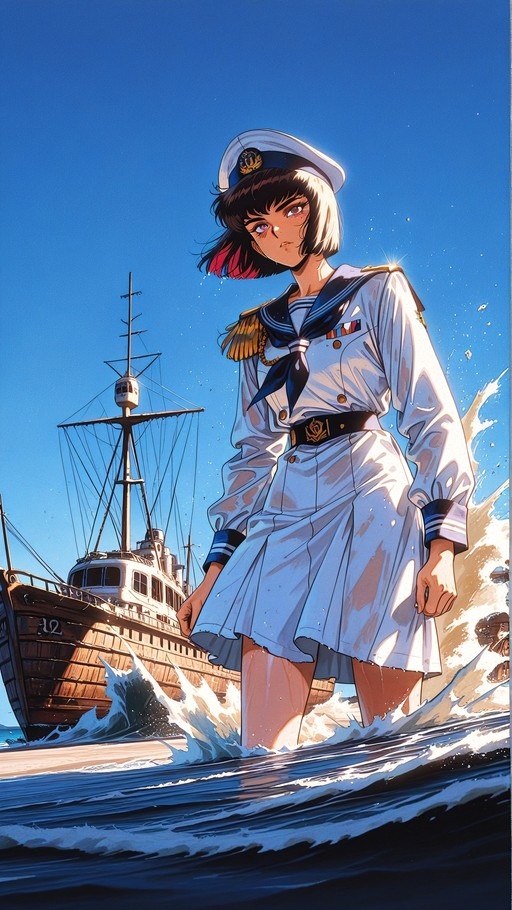 Anime girl in white sailor uniform wading in water near a wooden ship under a blue sky.