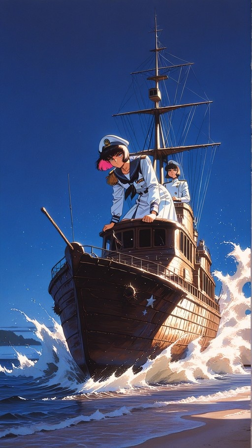 Anime girl in sailor outfit on a wooden boat crashing into waves
