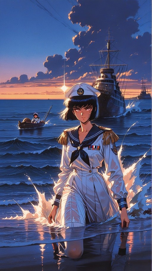 Anime girl in white naval uniform wading in ocean waves at sunset with battleship in background