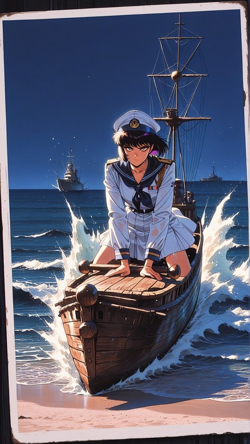 A retro anime-style illustration of a young woman in a white sailor uniform kneeling on the bow of a wooden boat crashing through blue ocean waves.
