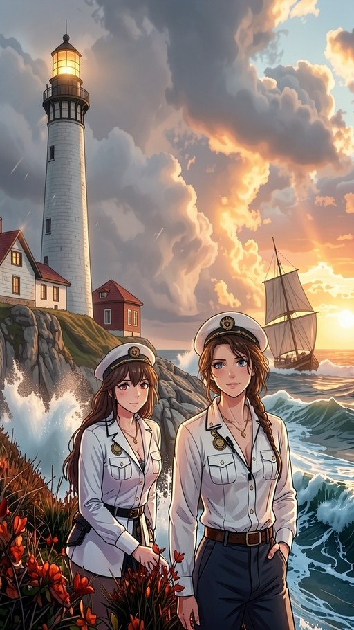 Two anime women in naval uniforms standing on a cliff near a lighthouse at sunset