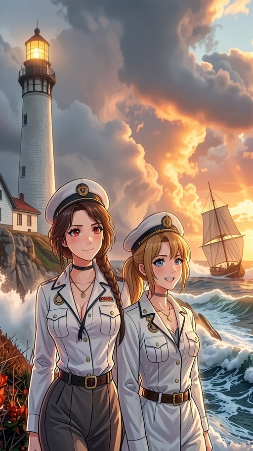Two anime-style women in white naval uniforms standing near a lighthouse and ocean at sunset with a sailboat in the background.