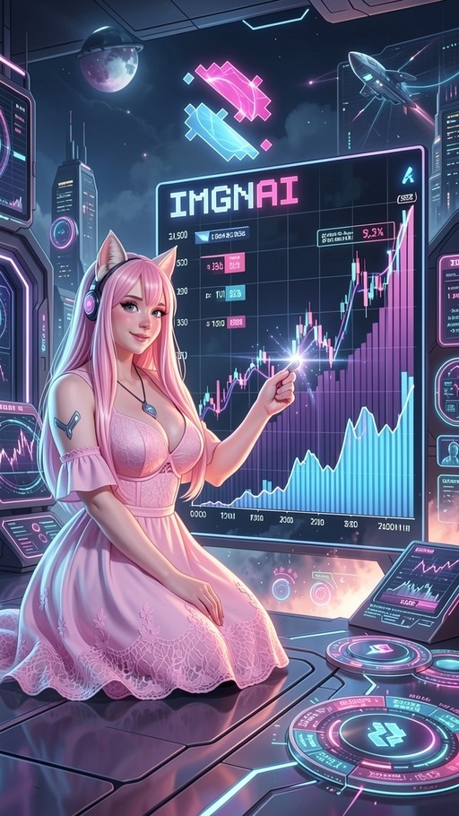 Pink-haired anime girl with cat ears and headphones points at a glowing holographic stock chart in a futuristic neon control room.