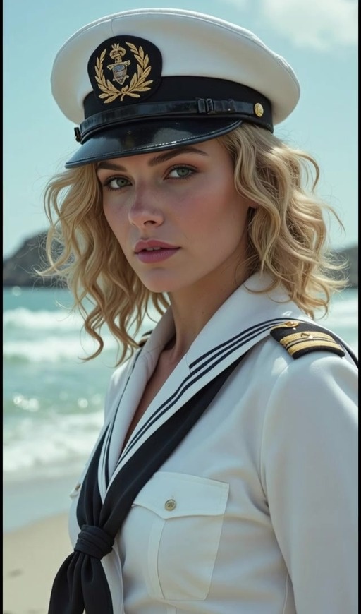 A blonde woman in a white sailor uniform and peaked cap stands on a beach with the ocean behind her, looking at the camera and smiling gently.
