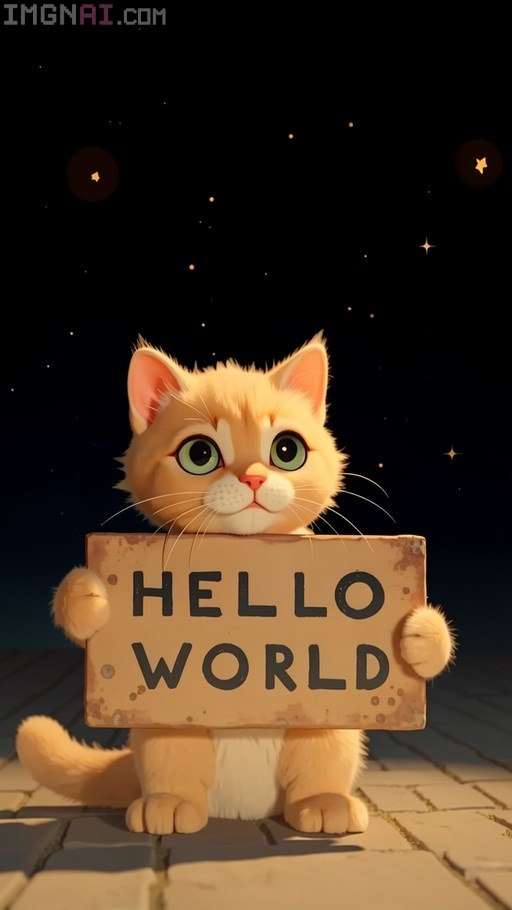 An orange and white kitten with green eyes sitting on a stone path at night, holding a wooden sign that says "HELLO WORLD".