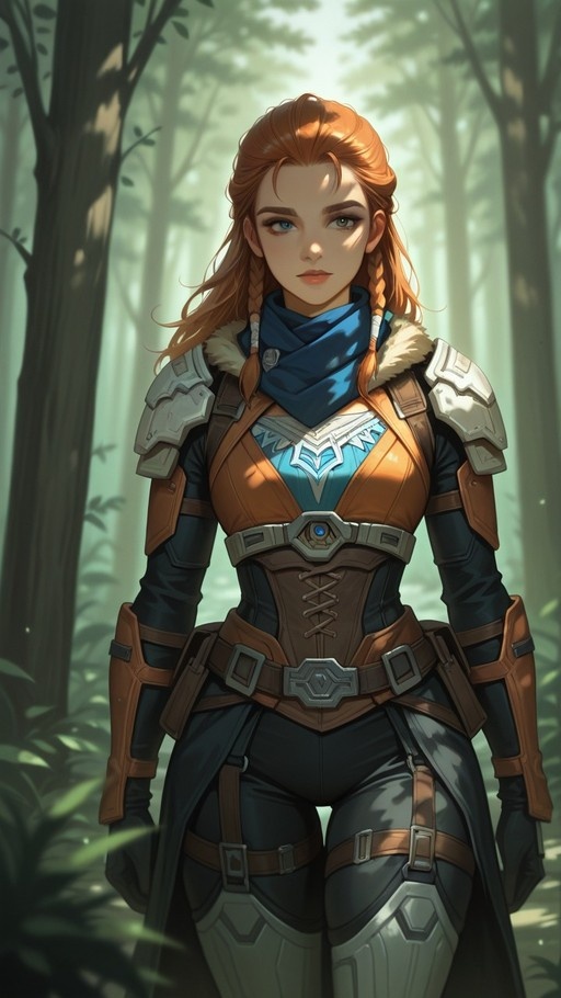 A young woman with orange hair in twin braids stands in a sunlit forest wearing fantasy armor with a blue scarf and shoulder pauldrons.