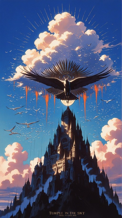 A large black raven with spread wings perched on a tall gothic castle spire against a blue sky filled with clouds and smaller white birds.