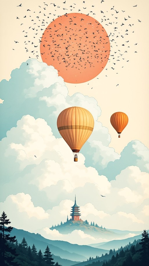Two yellow hot air balloons float in a cloudy sky near a large orange sun with many birds, above a pagoda on a forested mountain.