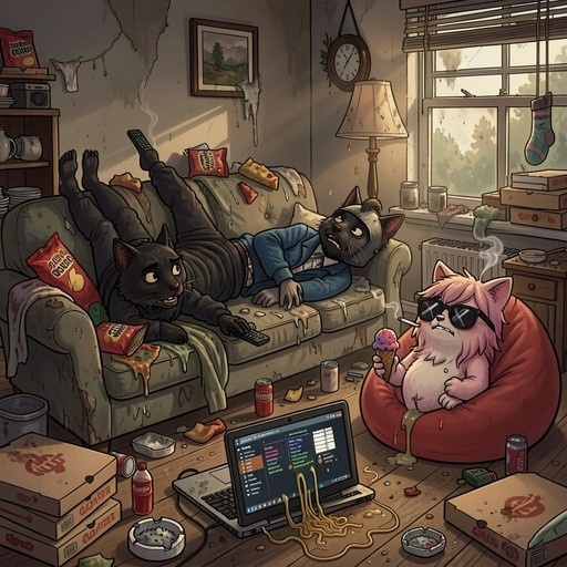 Three furry cats in a messy living room; one on a couch with pizza and remote, another in a helmet, and a pink cat smoking ice cream in a beanbag chair.