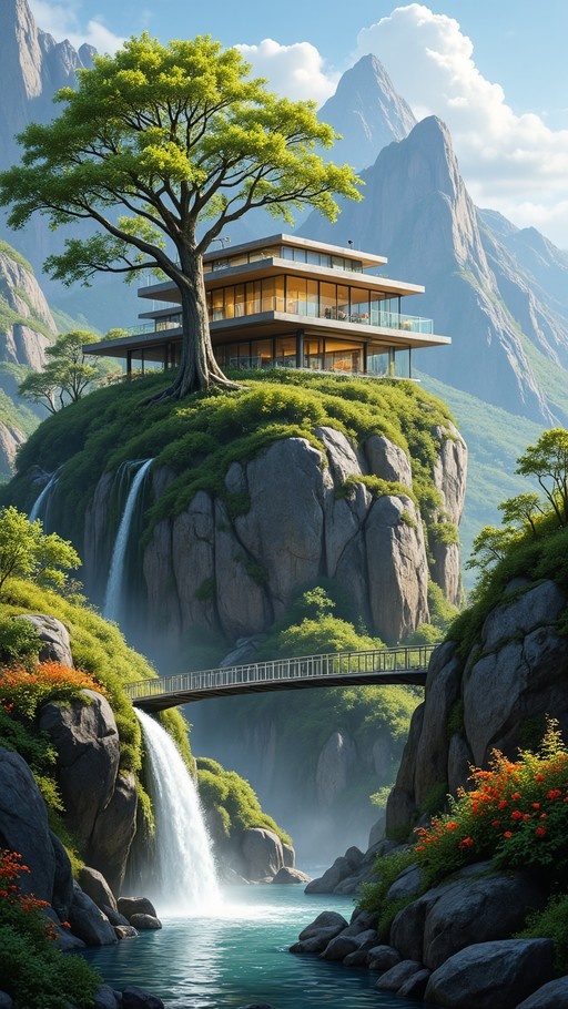 A modern multi-story house perched on a grassy cliff next to a large tree, with a waterfall cascading below and a bridge crossing the gorge in front of it.