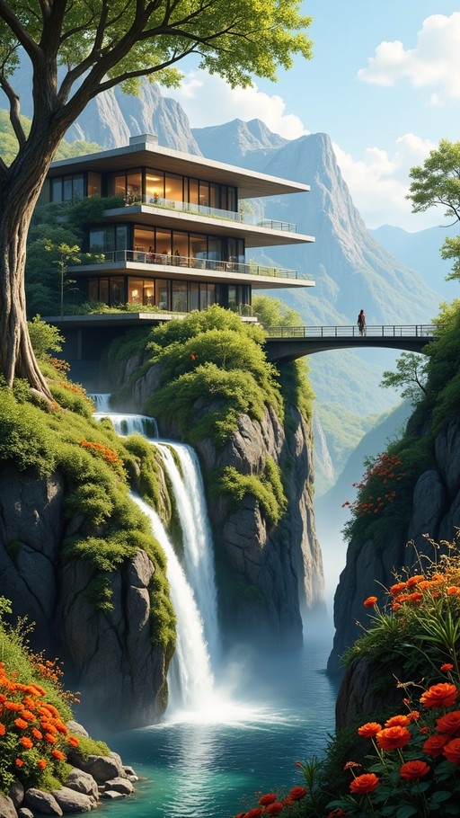 A modern multi-story house built into a green cliffside next to a cascading waterfall, with orange flowers in the foreground and a person standing on a connecting bridge.
