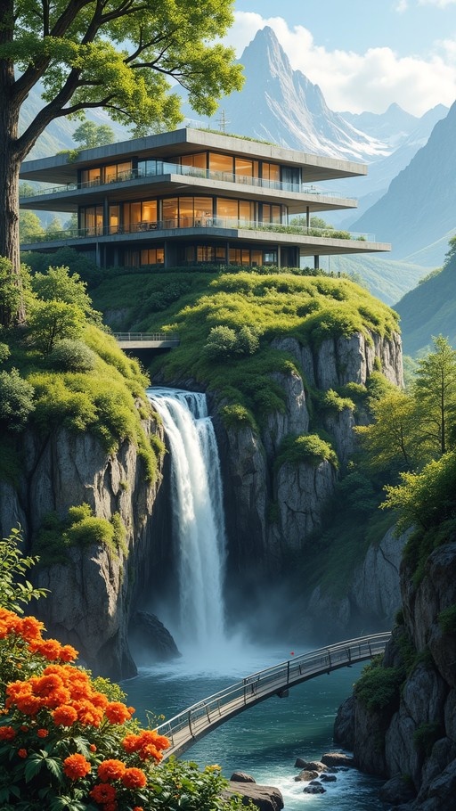 A modern multi-story house built into a lush green cliff above a cascading waterfall and a river with a suspension bridge, set against a backdrop of snowy mountains.