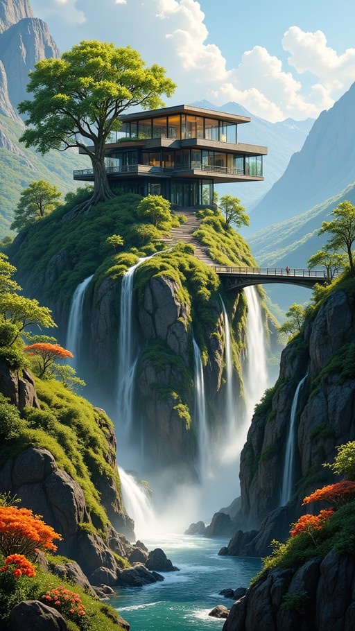A modern multi-story glass house sits on a green cliff next to waterfalls with a bridge in the background.