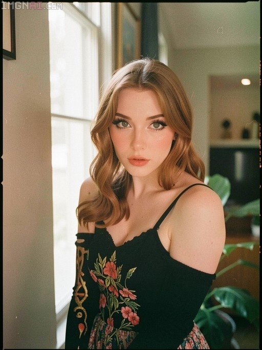 A young woman with wavy reddish-brown hair and green eyes looks at the camera in a 1990s cinestill style portrait, wearing a black off-the-shoulder top with floral embroidery near a window.