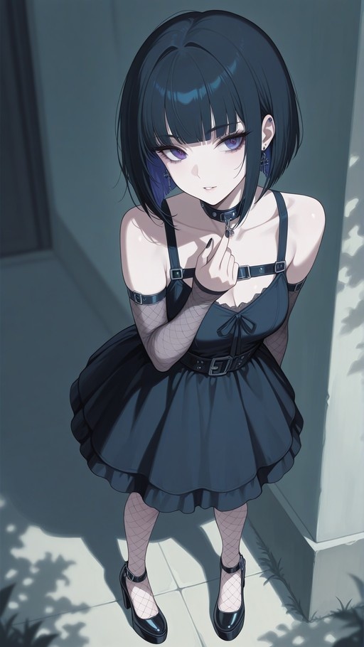 Full-body illustration of an anime girl with short black hair and purple eyes wearing a black dress, fishnet sleeves, pantyhose, and a choker, standing outdoors in sunlight.