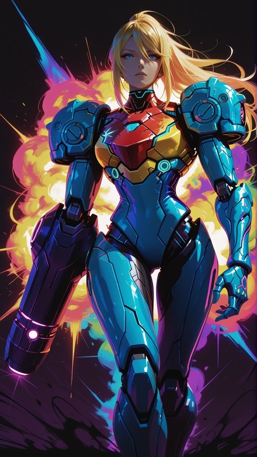 Samus Aran in a blue and red power suit with an arm cannon stands against a backdrop of colorful explosions.
