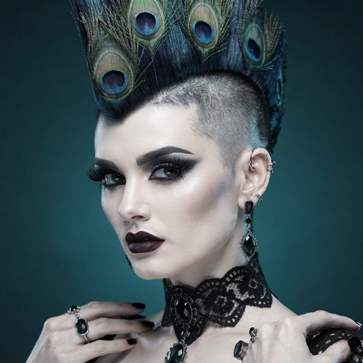A dramatic portrait of a woman with a shaved undercut and a tall mohawk made of peacock feathers, wearing heavy dark makeup and large green gemstone jewelry.