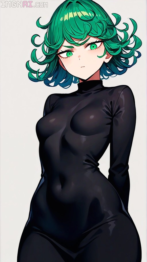Tatsumaki from One-Punch Man with curly green hair and green eyes wearing a tight black long-sleeved dress.
