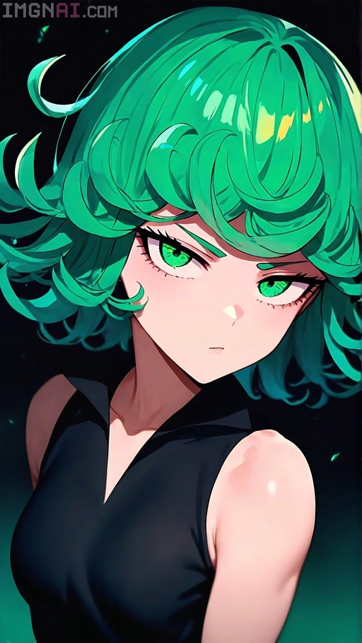 Close-up digital portrait of Tatsumaki from One-Punch Man featuring short curly green hair, green eyes, and a black sleeveless dress against a dark background.