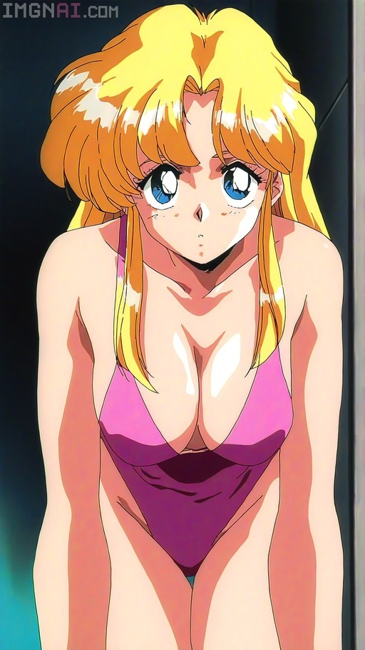 A blonde anime girl with blue eyes wearing a pink and purple one-piece swimsuit in a retro 1990s animation style.