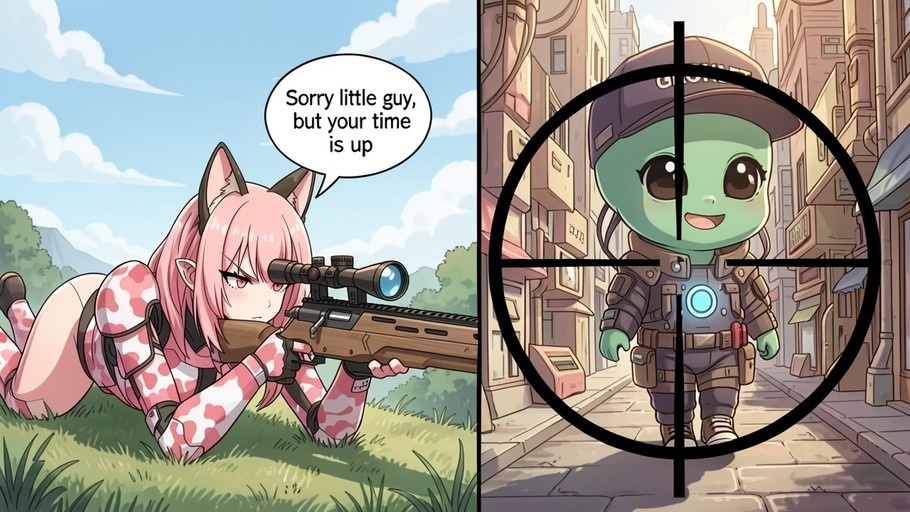 A two-panel comic showing a pink-haired anime girl with cat ears aiming a sniper rifle at a small green-skinned character in armor seen through the scope.