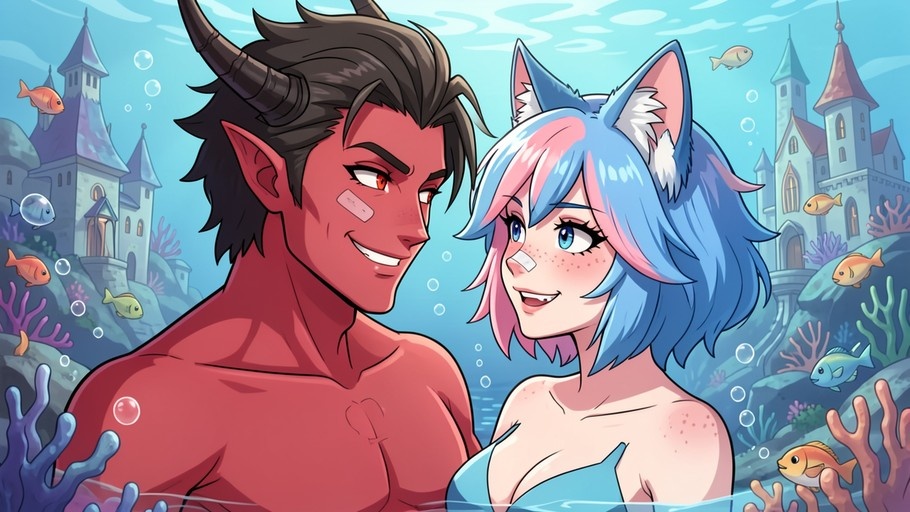 A red-skinned demon boy with black hair and horns smiles at a blue-haired cat girl with pink streaks while they float underwater near an underwater castle.