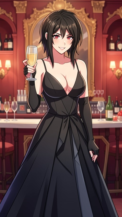 An anime-style woman with short dark hair and red eyes wearing a black evening gown and long gloves holds a glass of champagne in a warmly lit bar.