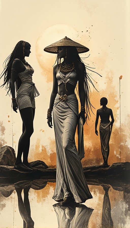 A tall dark-skinned woman wearing a conical hat and gold jewelry walks near water with two other figures in the background.