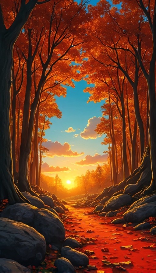 A vertical digital painting of a forest path in autumn with orange leaves and rocks leading toward a setting sun.