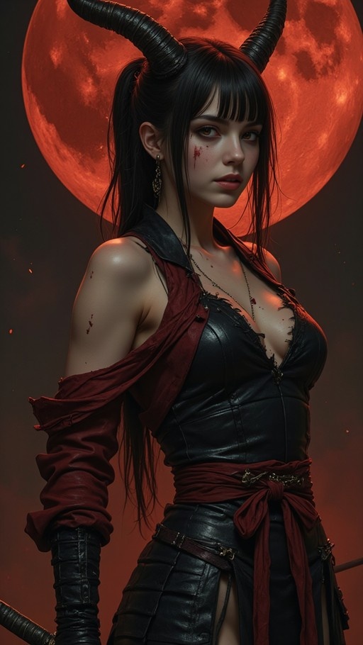 A young woman with large curved horns and long black hair stands before a massive red moon, wearing tattered leather armor and holding a weapon, with blood on her face.