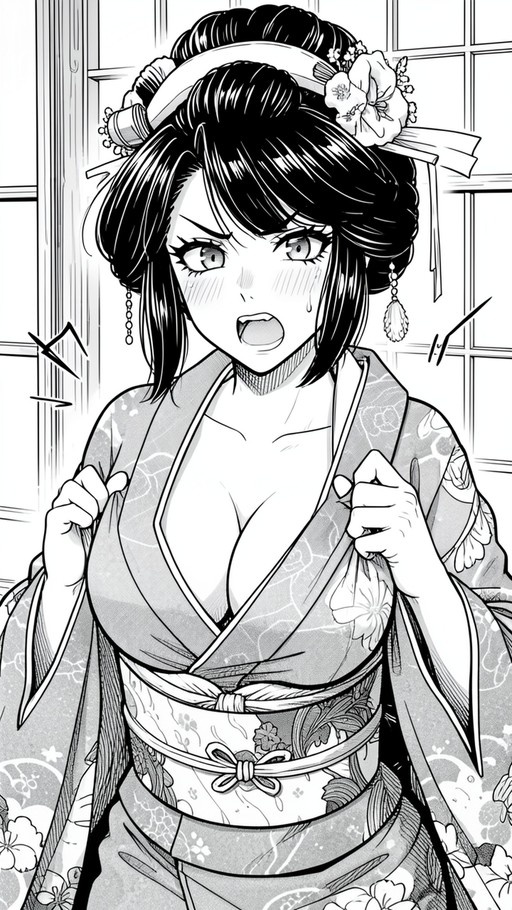 A black-and-white manga illustration of a woman with an elaborate updo hairstyle wearing a floral kimono, blushing and pulling at her collar while looking flustered.