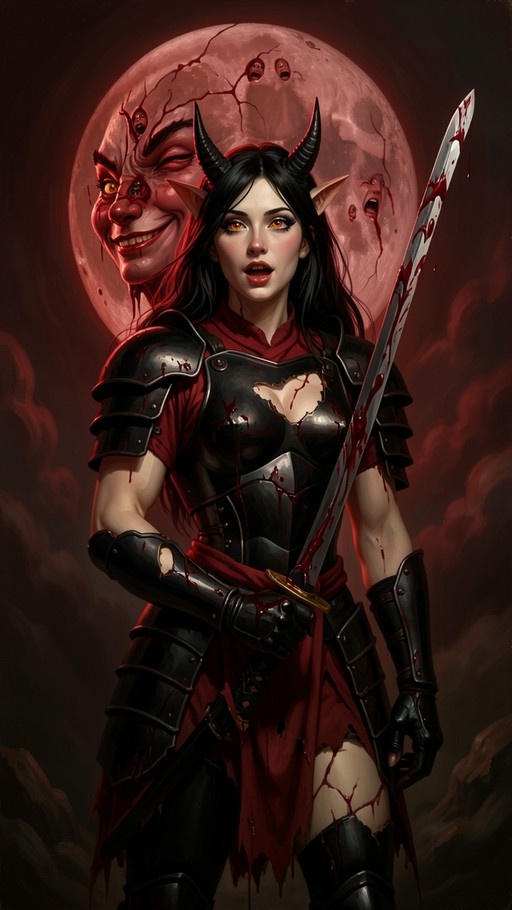 A horned female warrior in dark armor holding a bloody sword stands before a cracked red moon with faces on it.