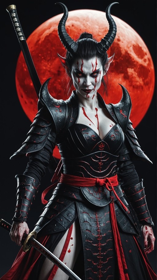 A pale-skinned female demon warrior with large curved horns and blood dripping from her eyes stands before a giant red moon, wearing black samurai armor and holding a katana.