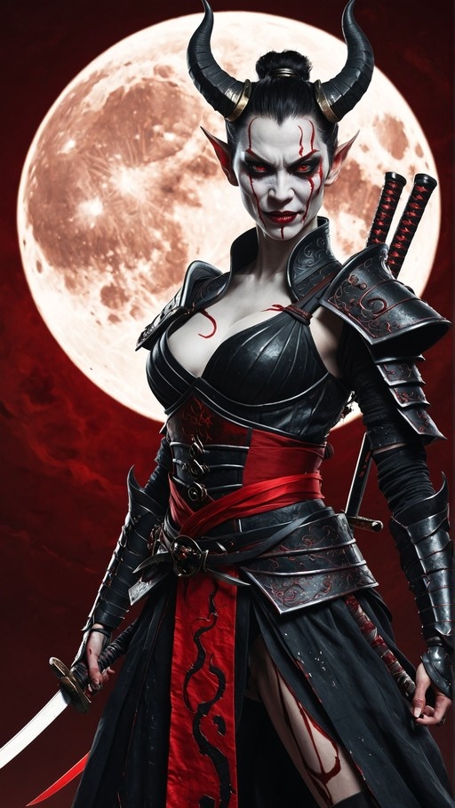 A pale-skinned female demon with curved horns and red eyes wears black samurai armor and holds a katana in front of a large full moon.