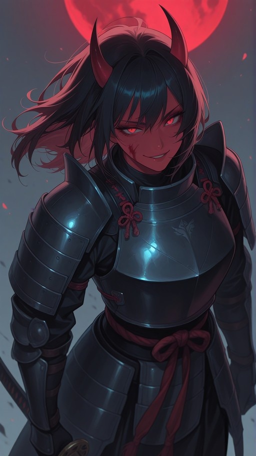 A red-skinned female demon with curved horns wearing black samurai armor stands under a large red moon holding a sword and smiling.