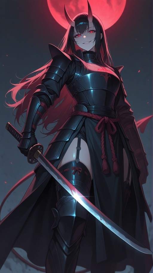 A smiling female demon warrior with horns and long dark hair stands in glossy black samurai armor, holding a katana against a backdrop of a large red moon.