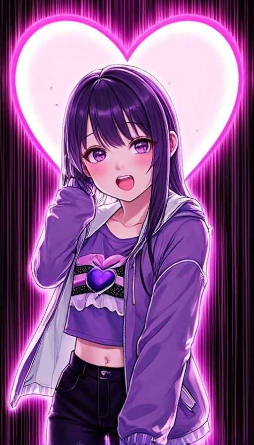Anime character Hoshino Ai with long purple hair and a purple hoodie stands in front of a large glowing pink heart.