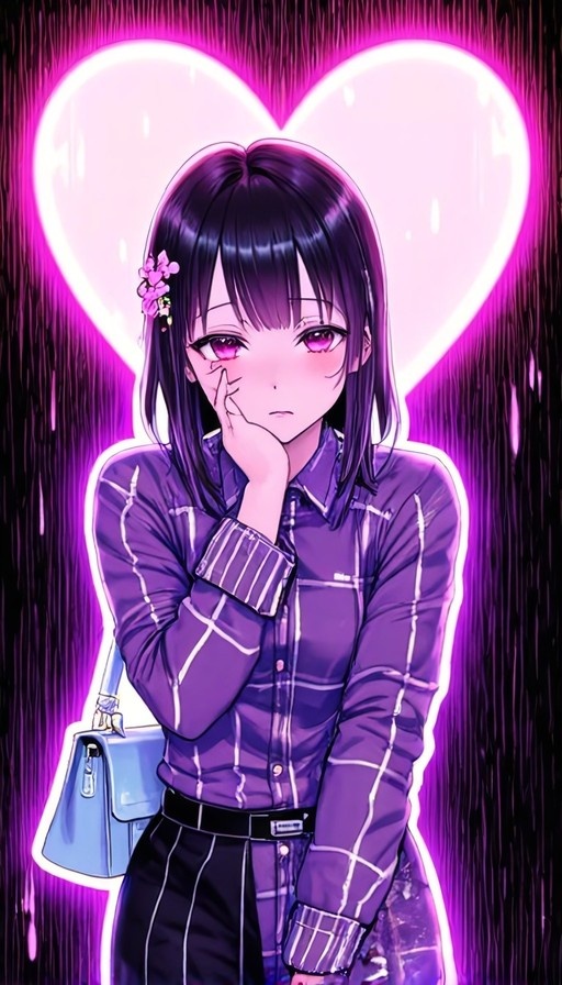 Anime girl with black hair and pink flower touching her cheek in front of a glowing pink heart, wearing a purple shirt and carrying a blue bag.