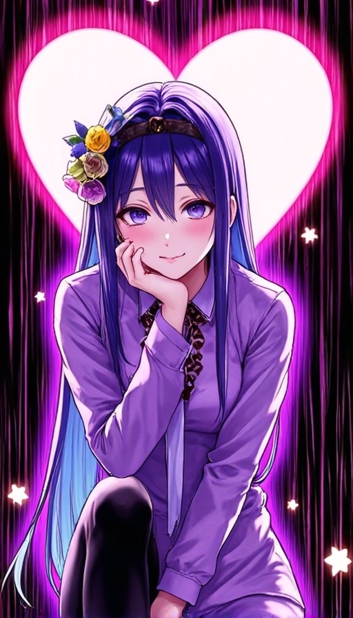 Anime girl with purple and blue hair wearing a flower crown, resting her chin on her hand in front of a glowing heart background.