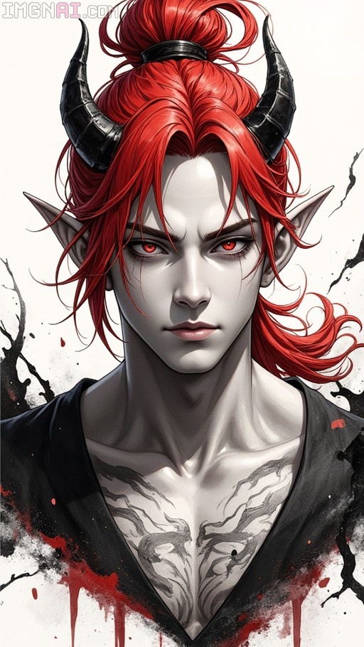 Close-up portrait of a handsome male demon with red hair in a ponytail, black horns, and pointed ears, featuring a chest tattoo and ink wash painting style.