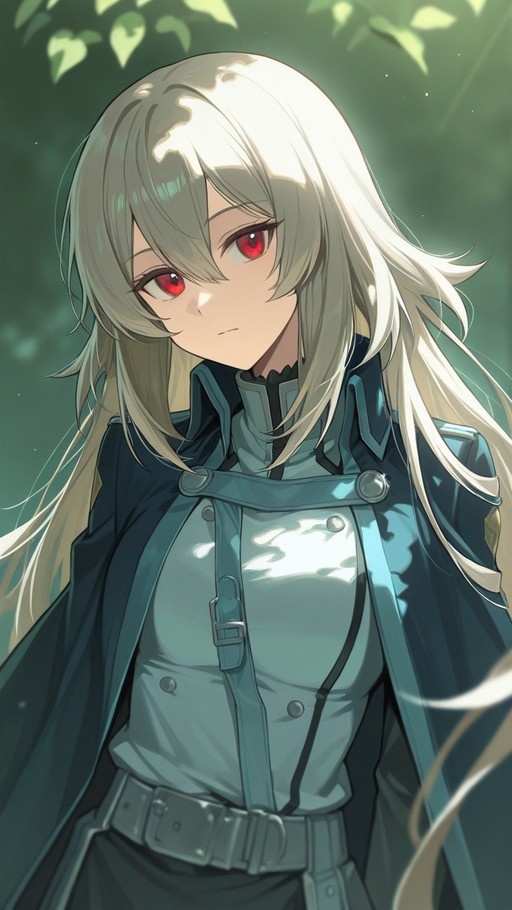 A digital illustration of a young woman with long silver hair and red eyes wearing a teal military-style jacket and belt, standing outdoors under dappled sunlight with green foliage in the background.