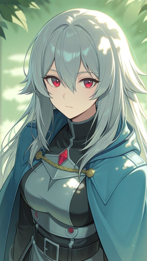 An anime-style portrait of a woman with long silver hair and red eyes, wearing silver armor and a blue cape in a sunlit forest setting.