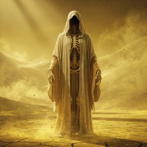A full-body shot of a faceless skeleton wearing a long white hooded robe standing in a cracked, sandy desert under a golden sky.