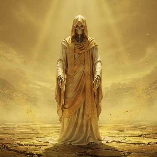 A full-body shot of a tall skeleton wearing a long, flowing hooded robe standing in the middle of a cracked desert landscape under bright golden sunlight.